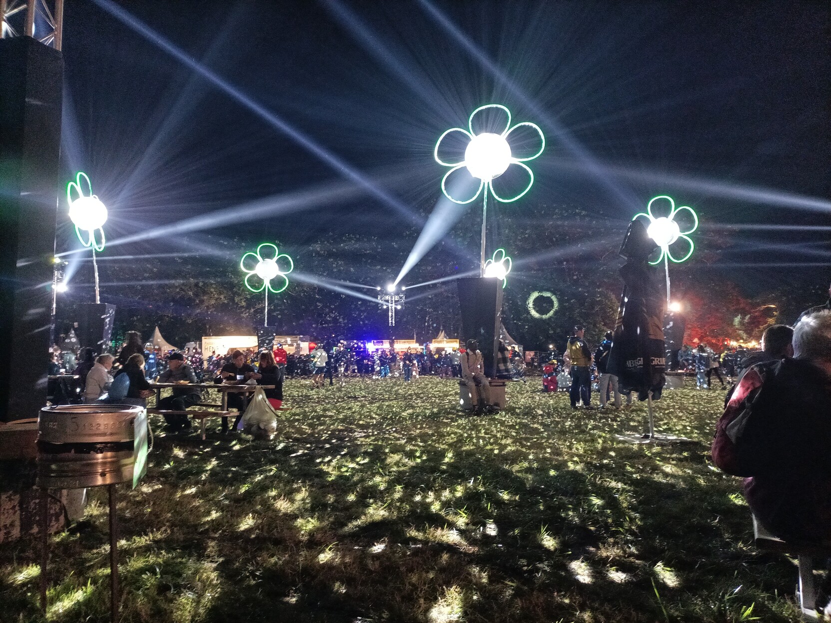 5 boules à facettes entourées de pétales pour faire des fleurs. Le sol de la prairie est jonché de paillettes de lumière, on voit le faisceau des projecteurs traverser la nuit.